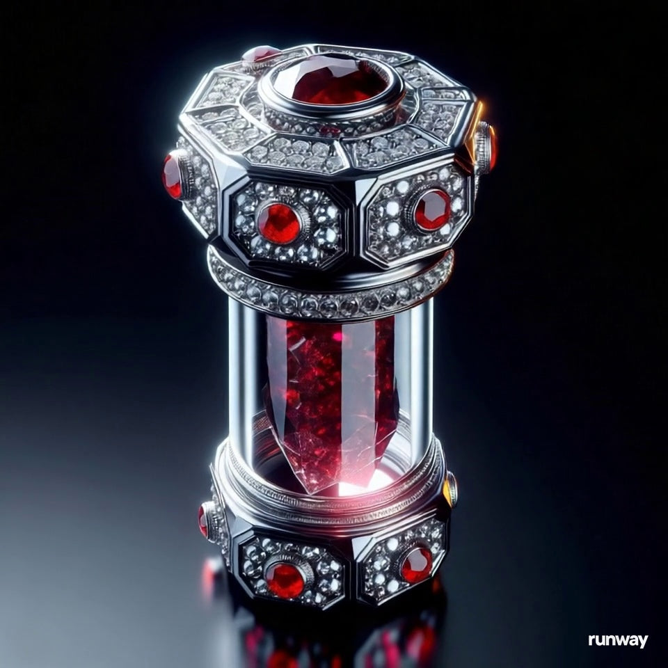 Decorative object with red gemstones and silver accents on a dark background